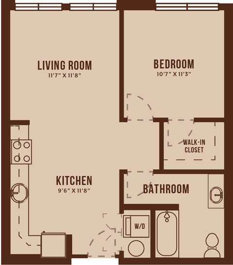 Floor plan for 1 bed, 1 bath, 637 sqft
